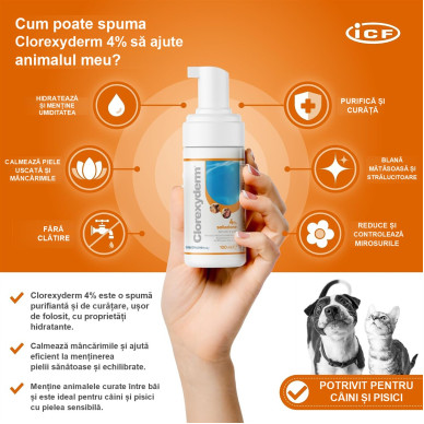 Spumă Antiseptică pentru Câini și Pisici Clorexyderm, 100 ml – ICF
